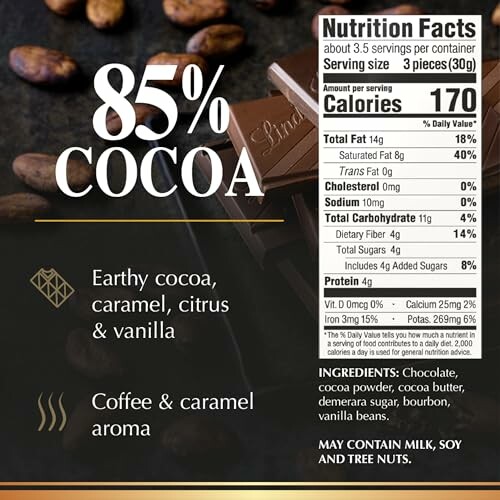 85% cocoa chocolate with nutrition facts and flavor notes