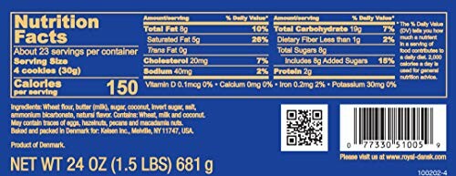 Nutrition facts label for cookies, 150 calories per serving.