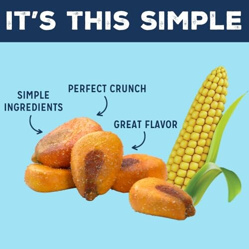 Corn snacks with text highlighting simple ingredients, perfect crunch, and great flavor.