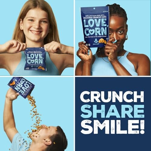 People enjoying Love Corn snacks with slogan 'Crunch Share Smile'