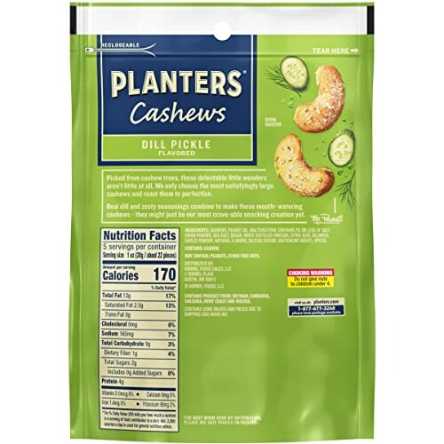 Planters Dill Pickle Flavored Cashews packaging, with nutrition facts.