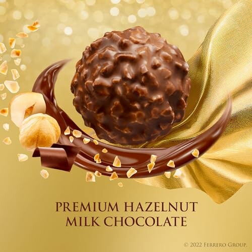 Premium hazelnut milk chocolate with whole and chopped hazelnuts on a golden background.