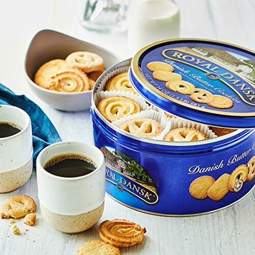 Royal Dansk butter cookies tin with coffee cups and cookies